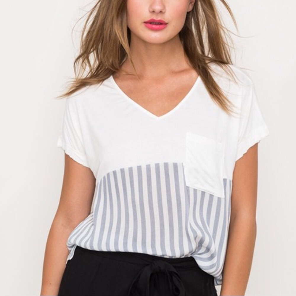 Anthropologie Hem & Thread V Neck Top Stripe Blue - Picture 6 of 6